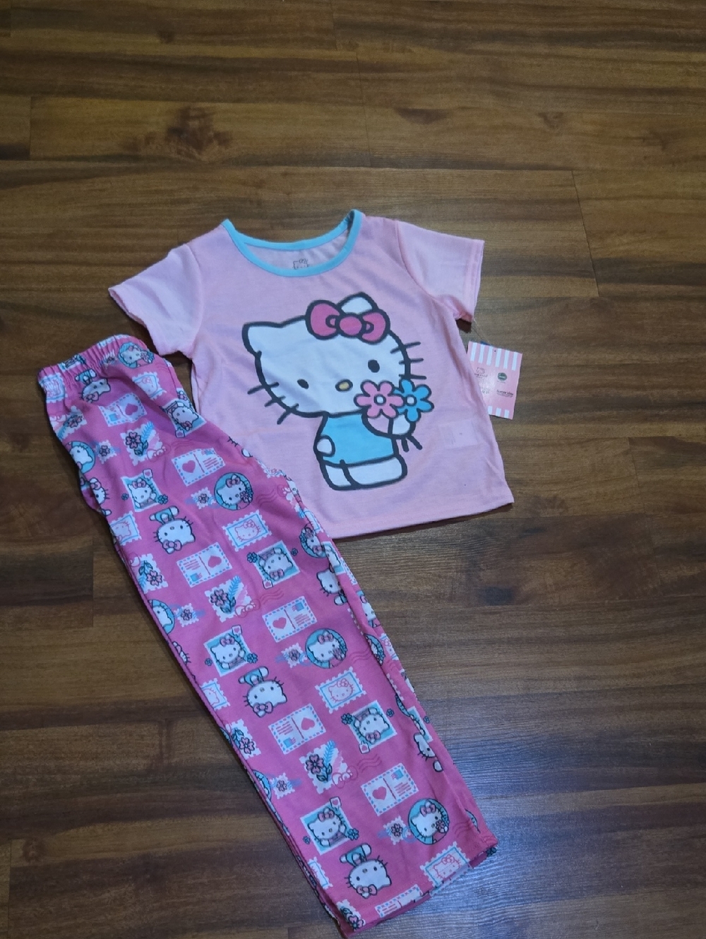 Hello Kitty Pink and Light Blue Kids Pajama Set Nwt Size 6 Logo Around